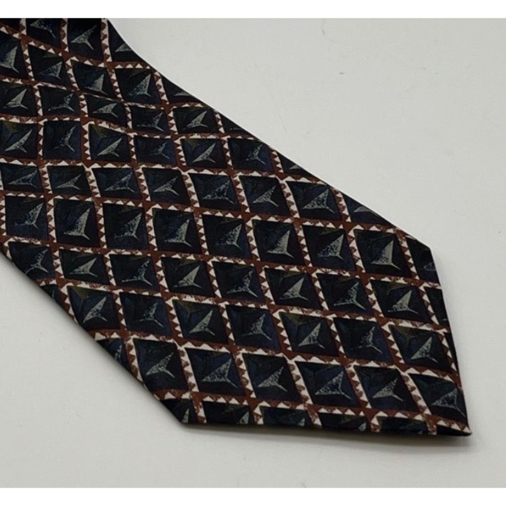 PIERRE BALMAIN‎ Couture Tie Mens OS Navy Blue Brown Geometric Silk Made in Italy
